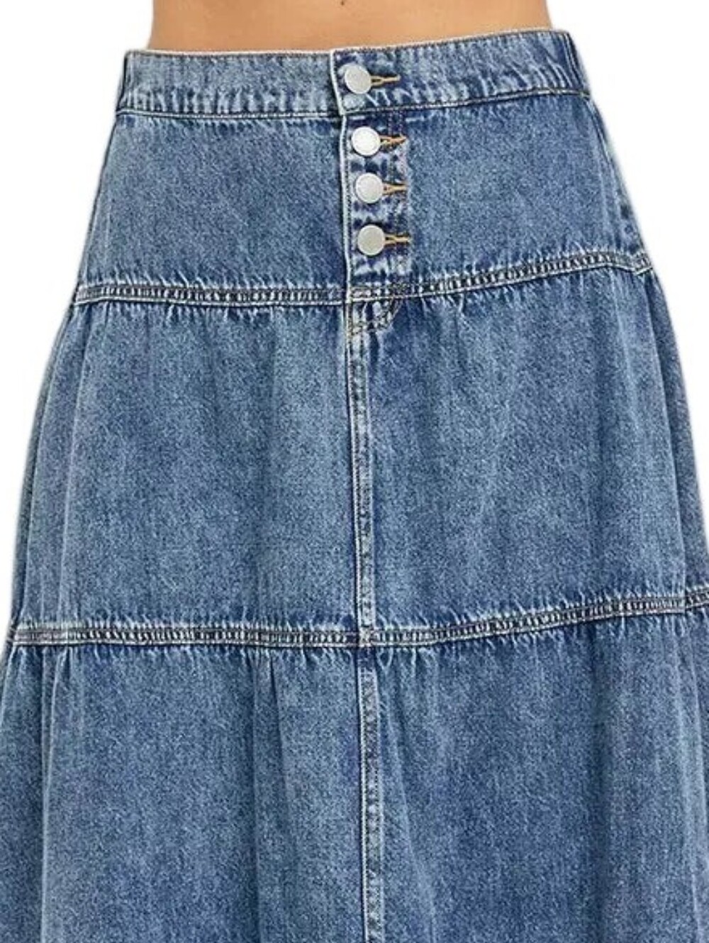 Risen High-Rise Button Elastic Waist Tiered Ruffle Cotton Denim Maxi Jean Skirt - Picture 9 of 14